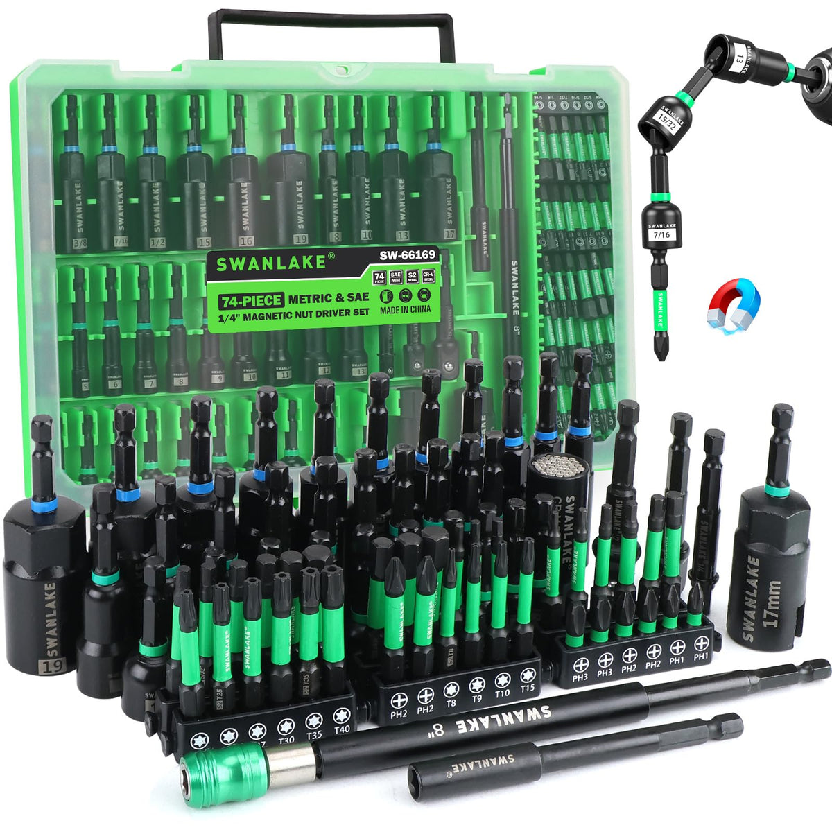 74-Piece Magnetic Nut Driver Set for Impact Drill Metric & SAE, Impact Socket Adapter, Power Bits with Magnetic Holder, Wing Nut Driver, Universal Socket, 1/4'' Quick-change Bit Extension