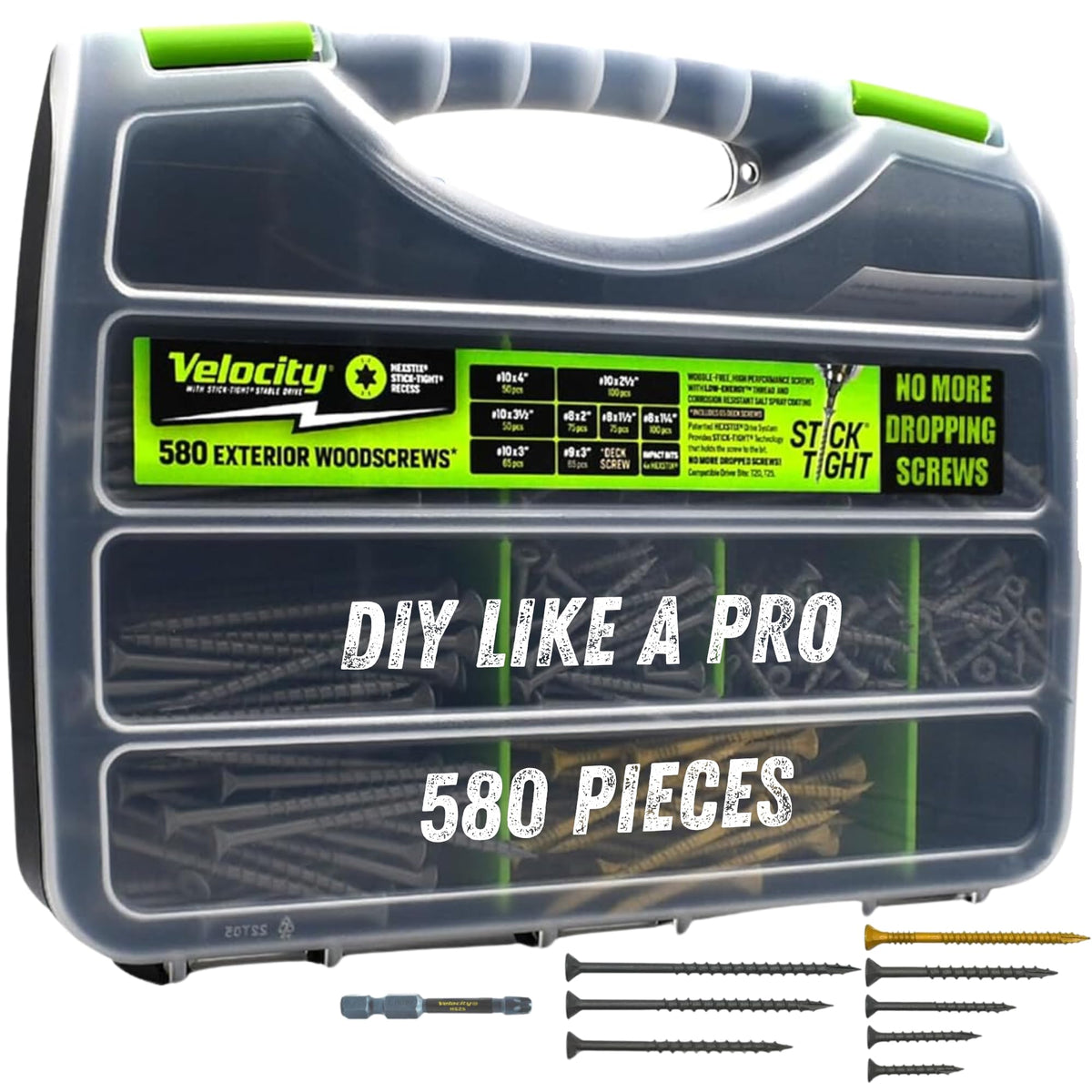 Velocity Exterior Wood Screws Site Case - Wood Screws Assortment Kit in 7 Sizes, Stick Tight Technology, Includes 4 Hexstix Drive Bits and Storage Organizer (580 Pieces)