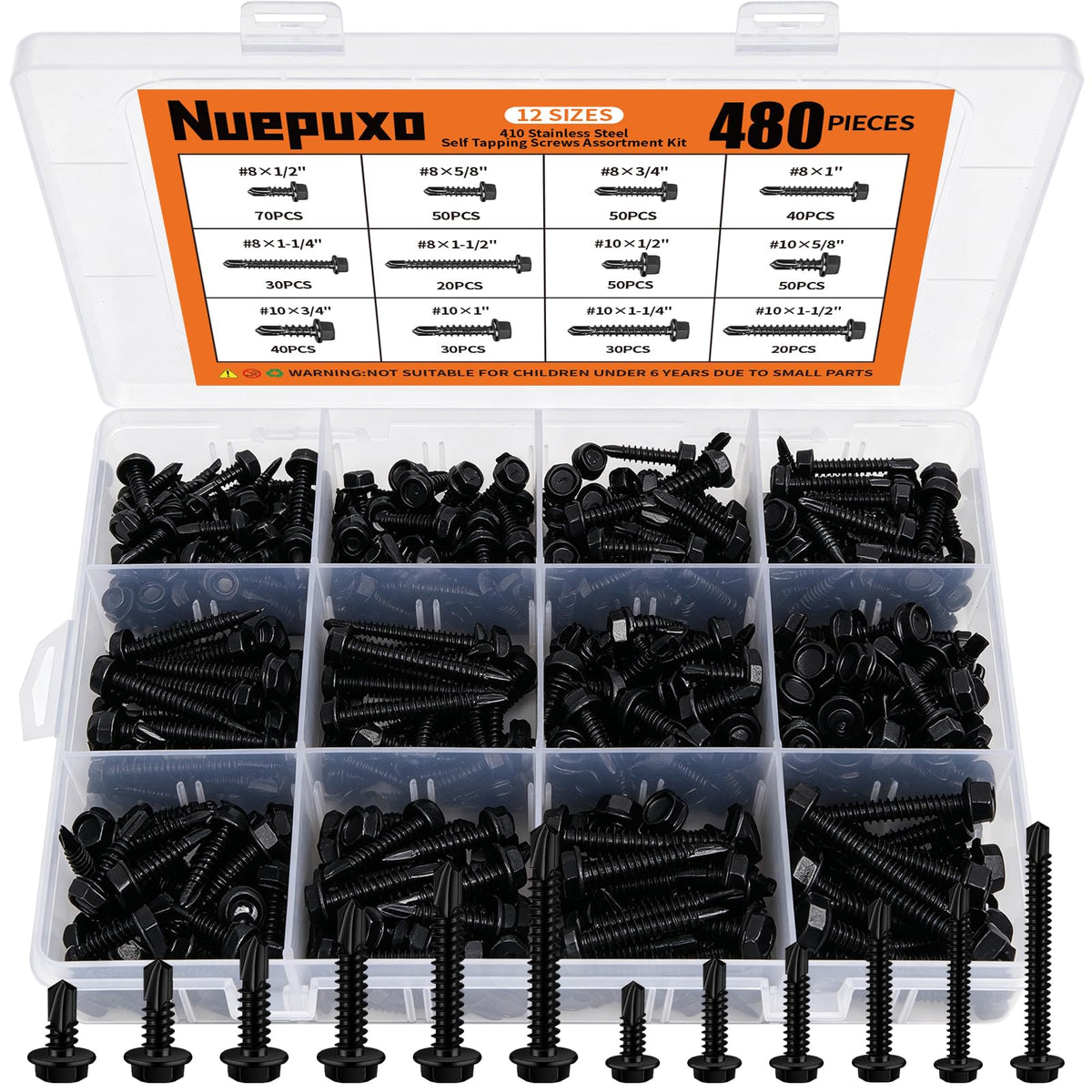 Nuepuxo 480PCS Self Tapping Screws for Metal, Sheet Metal Screws (Black)