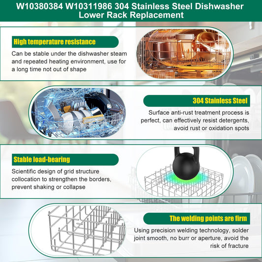 Upgraded 304 Stainless Steel W10311986 W10380384 Dishwasher Lower Rack Replacement for Whirlpool Dishwasher Bottom Rack 300563, DU911PCDQO with WP3376961 Wheels