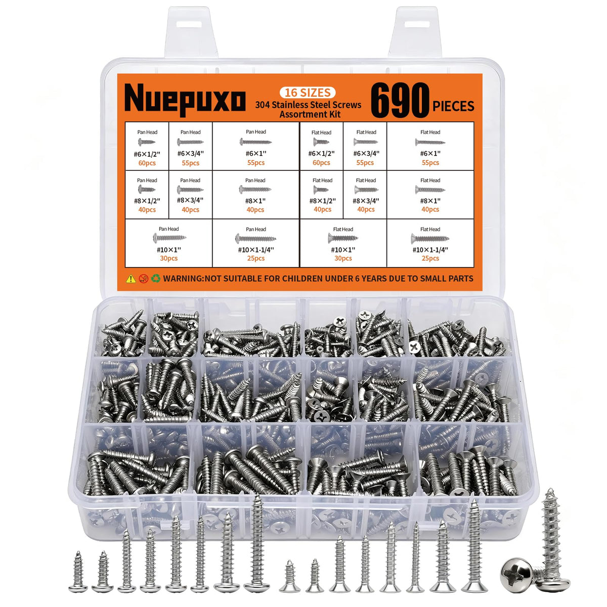 Nuepuxo 690PCS Wood Screws Assortment Kit, 304 Stainless Steel Screws