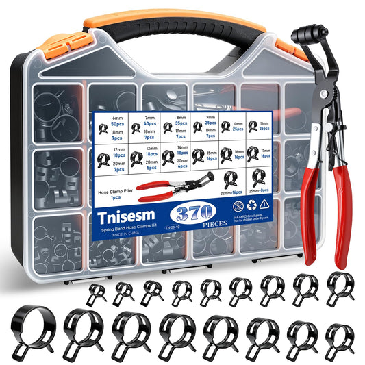 Tnisesm 370PCS 6-25mm Spring Band Hose Clamps Assortment kit with Hose Clamp Plier, Constant Tension Hose Clamps for Fuel Lines, Silicone Vacuum Hoses, Water Pipe, Low-Pressure Air Clips