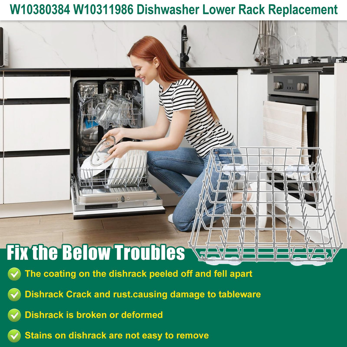 Upgraded W10380384 W10311986 Dishwasher Lower Rack Replacement Compatible with Whirlpool Dishwasher Bottom Rack 300563, DU911PCDQO with WP3376961 Wheels