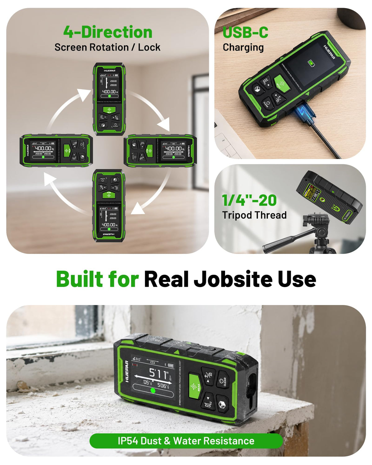Huepar 2026 Upgraded Dual Laser Measuring Tool 395Ft, Phone App, Green Beam