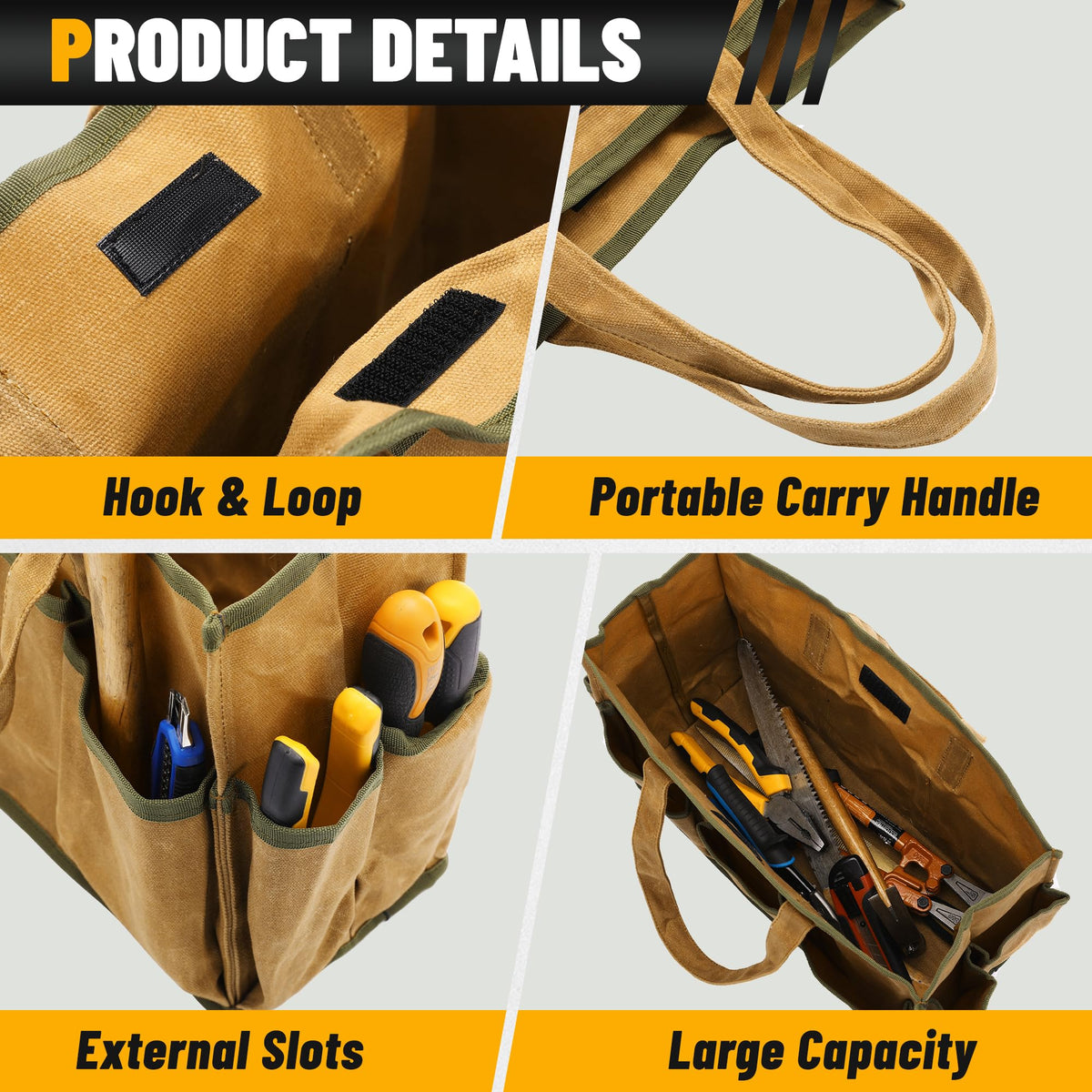 16OZ Waxed Canvas Tool Tote Bag, Large-Capacity Tool Storage Tote with 10 External Pockets, Multi-Purpose Garden Tool Carrier for Gardening, Wrench, and Carpentry Tools – Khaki