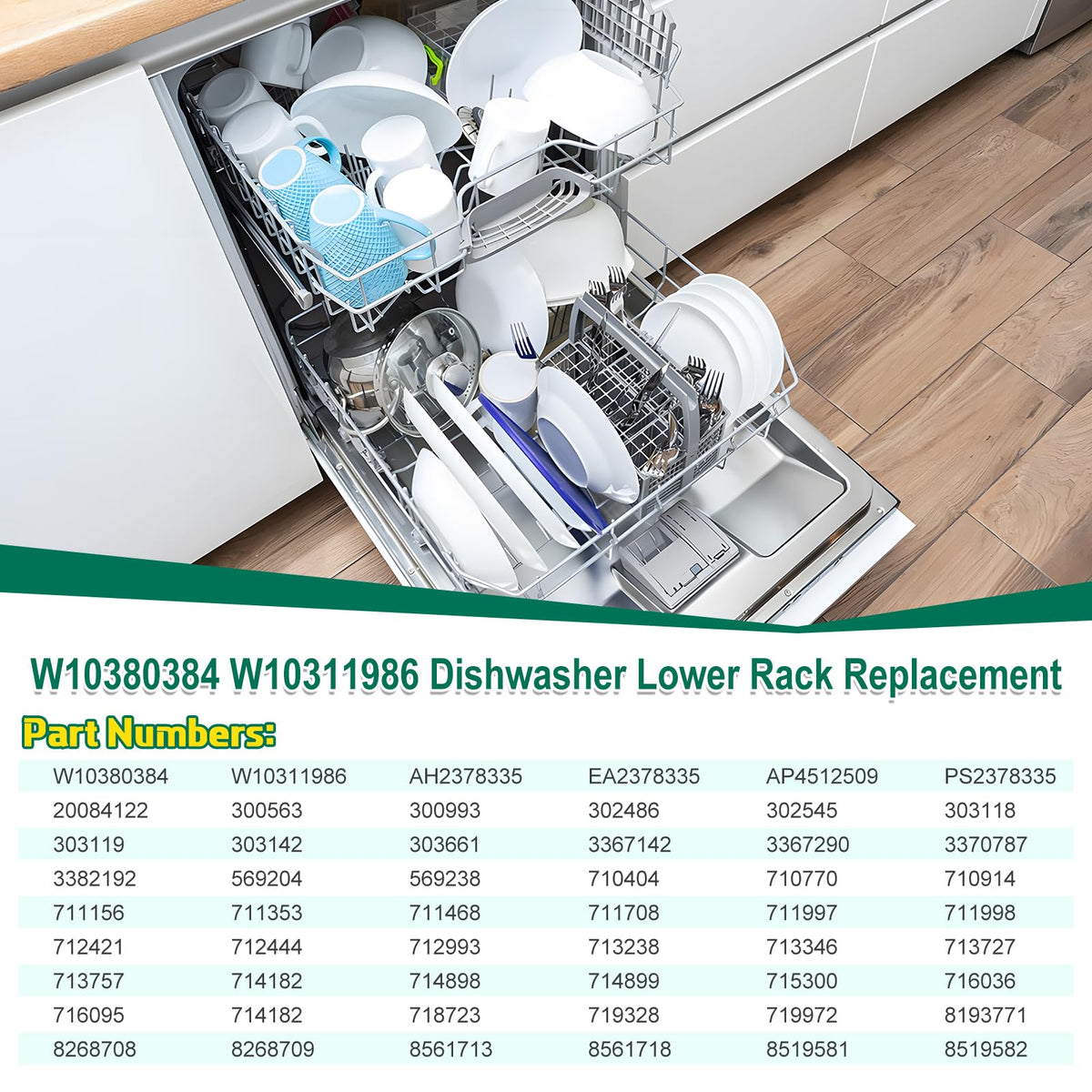 Upgraded W10380384 W10311986 Dishwasher Lower Rack Replacement Compatible with Whirlpool Dishwasher Bottom Rack 300563, DU911PCDQO with WP3376961 Wheels