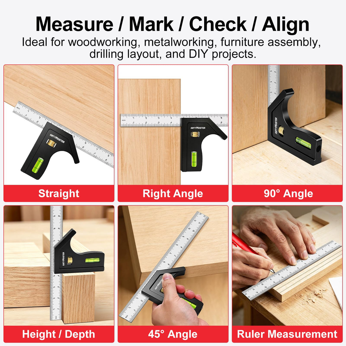 ArtyMaster 12'' Combination Square Adjustable Stainless Steel Layout Tool