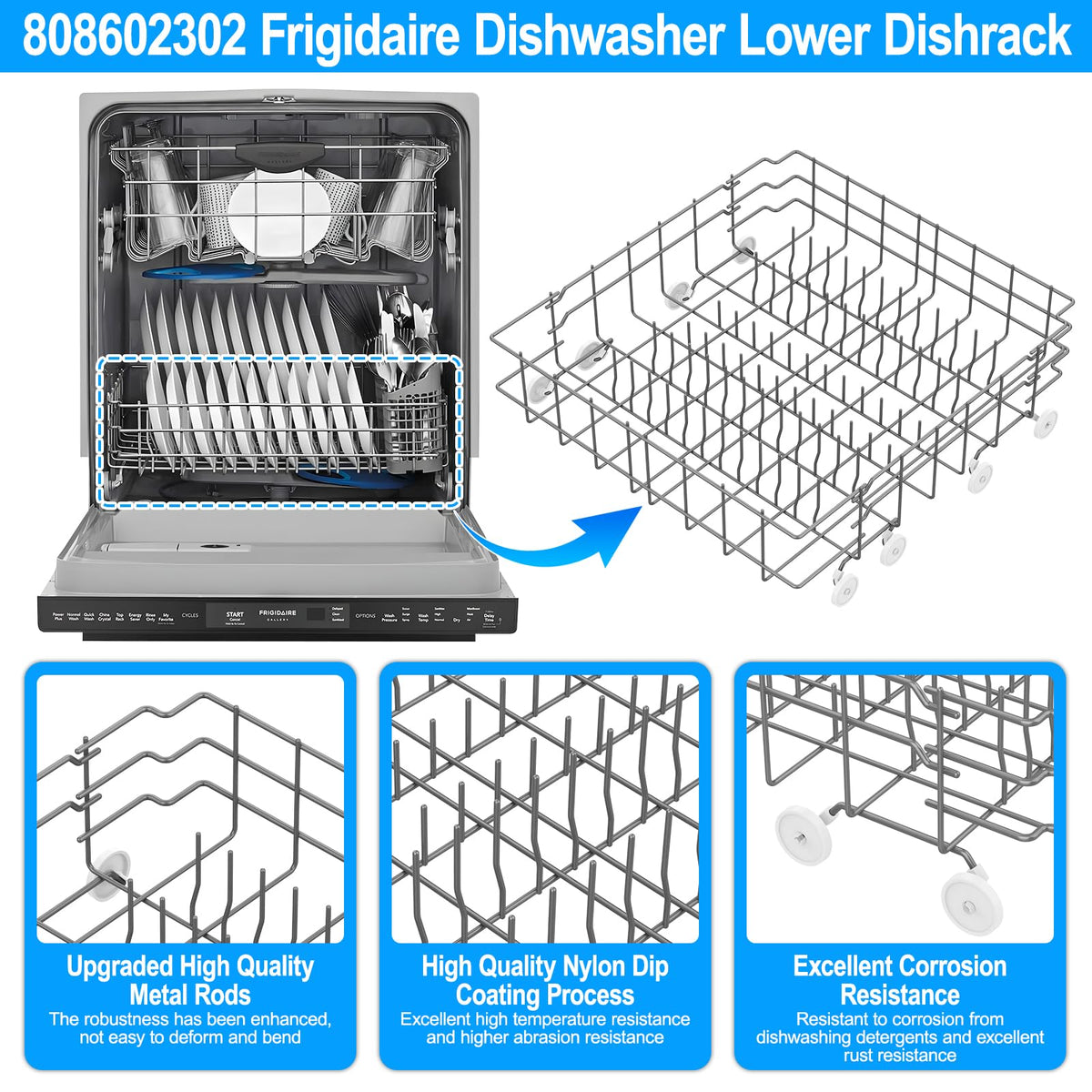 Upgraded 808602302 Dishwasher Lower Rack Compatible with Frigidaire Dishwasher Rack Parts,808602302 5304535768 154432601 FDB1050RES0 Frigidaire Kenmore Dishwasher Bottom Rack Replacement with Wheel