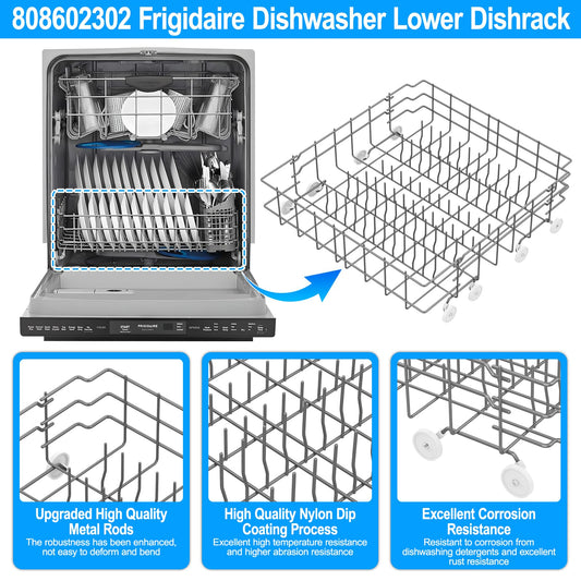 Upgraded 808602302 Dishwasher Lower Rack Compatible with Frigidaire Dishwasher Rack Parts,808602302 5304535768 154432601 FDB1050RES0 Frigidaire Kenmore Dishwasher Bottom Rack Replacement with Wheel