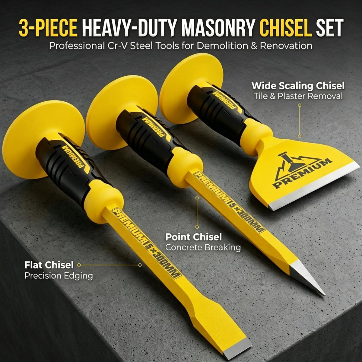 Faxdrts 3Pcs Heavy Duty Masonry Chisel Set for Concrete & Masonry Demo