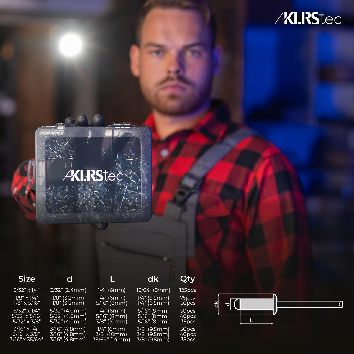 KLRStec Pop Rivets Assortment Kit, 500pcs Aluminum Blind Rivets, 4 Sizes