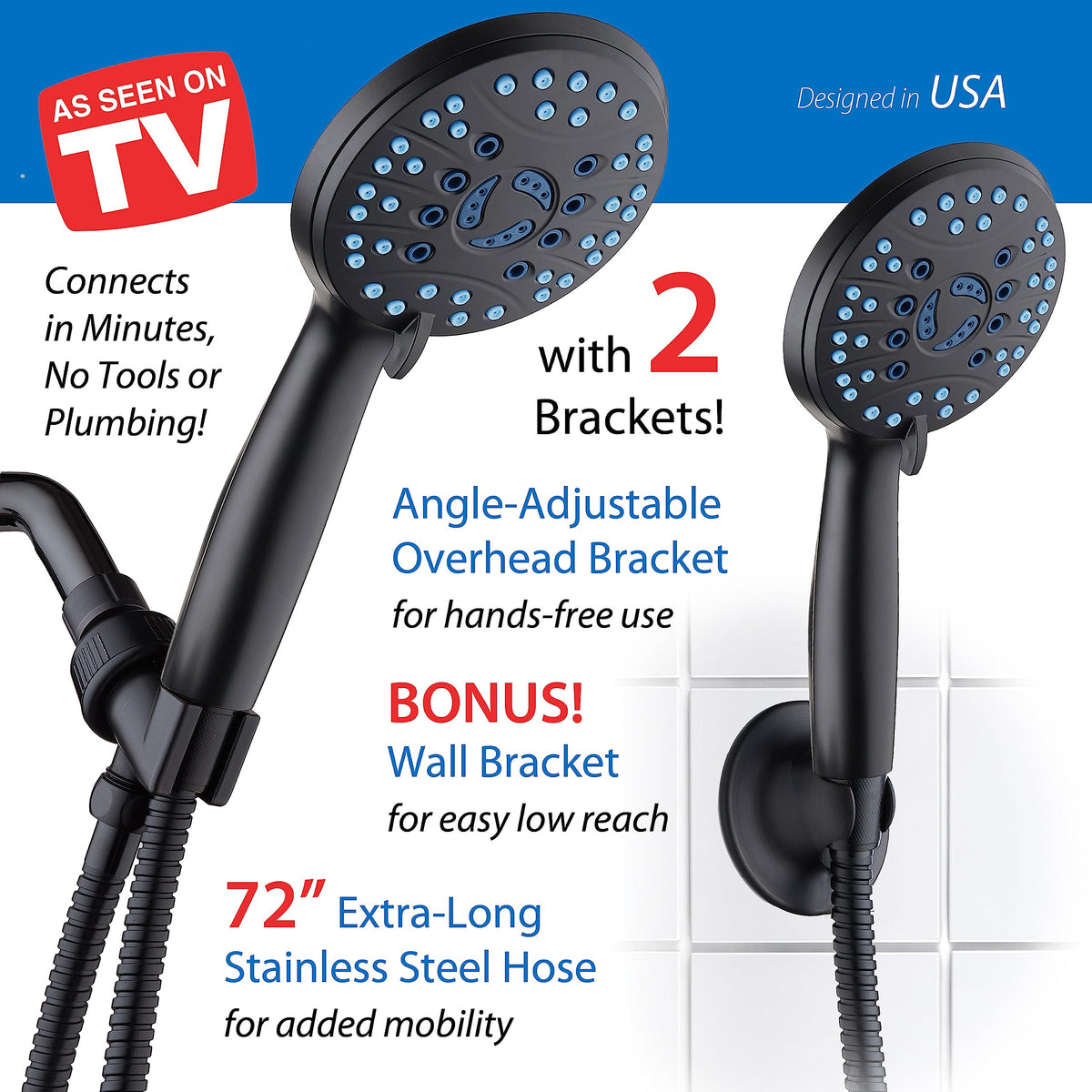 AquaCare High Pressure 8-mode Handheld Shower Head - Anti-clog Nozzles, Built-in Power Wash to Clean Tub, Tile & Pets, Extra Long 6 ft. Stainless Steel Hose, Wall & Overhead Brackets