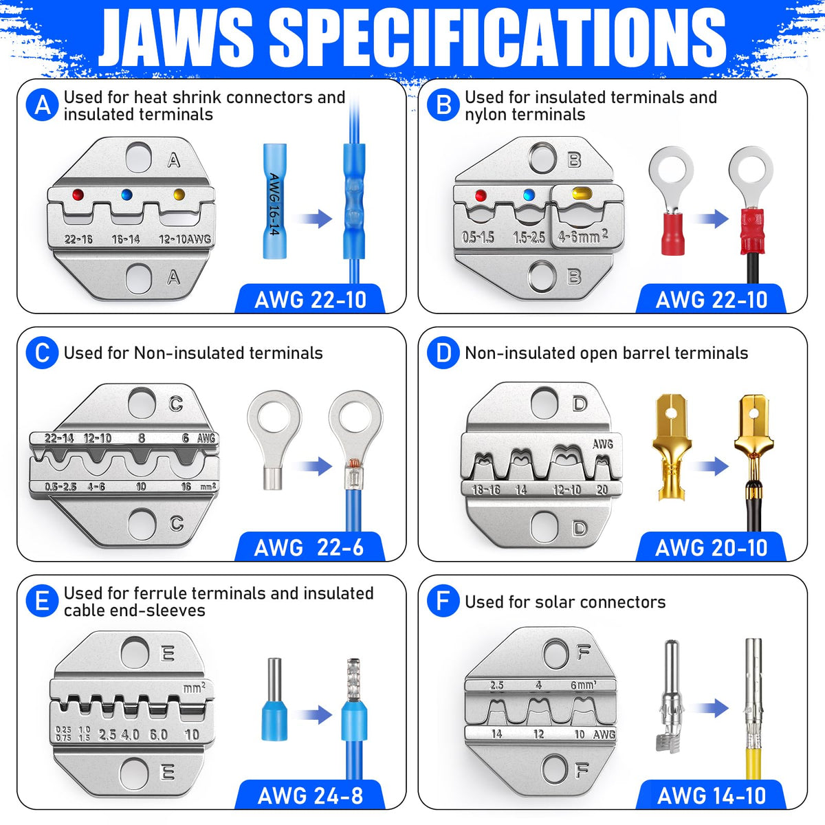 Crimping Tool Set 6PCS - Ratchet Wire Crimping Tool for Heat Shrink,Insulated Nylon,Non-Insulated,wire ferrules,Open Barrel Terminals,Solar Connectors - Crimper with 6 Interchangeable Die