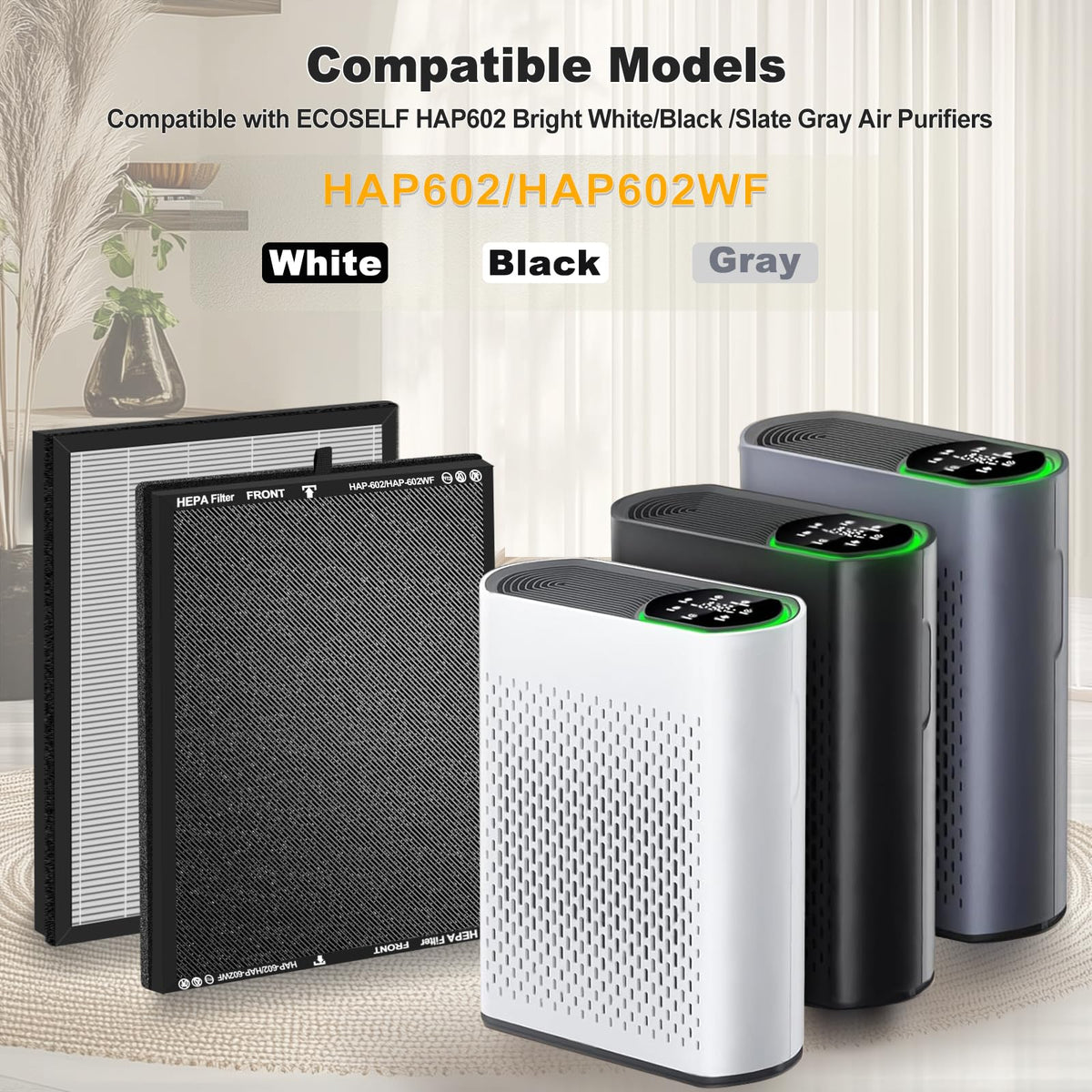 4Pack HAP602 Replacement Filter Compatible with ECOSELF HAP602 HAP602WF Air Purifier, 3-in-1 Composite HEPA Activated Carbon Pre-Filter, Black
