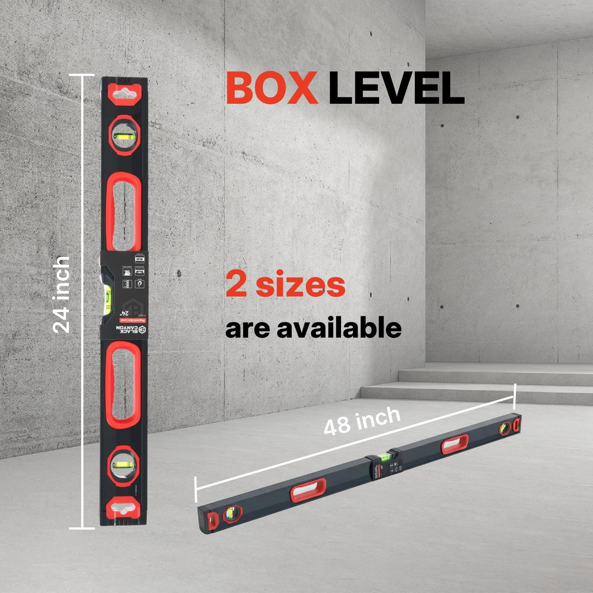 Black Canyon 24" Box Level, 2 FT Level w/Magnetic Base, Vertical and Horizontal Measurement, Aluminum, Plastic Frame, Hang Hole, Vial Types, Suits Construction
