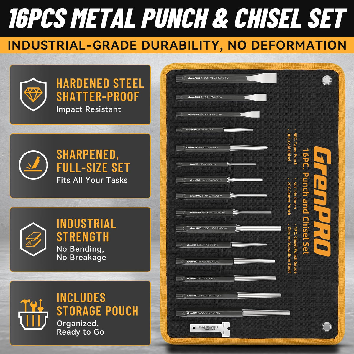 GRENPRO 16‑Piece Heavy Duty Punch Chisel Set, 40CrV with Storage Pouch