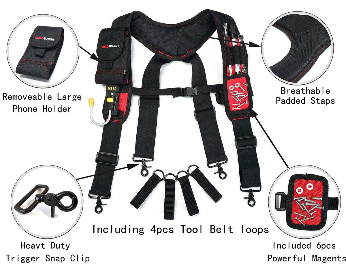 MELOTOUGH Magnetic Tool Belt Suspenders，Heavy-Duty Adjustable Padded Carpenter Work Belt Suspenders for Men with Magnetic WristBand Large Phone holder for Electrician