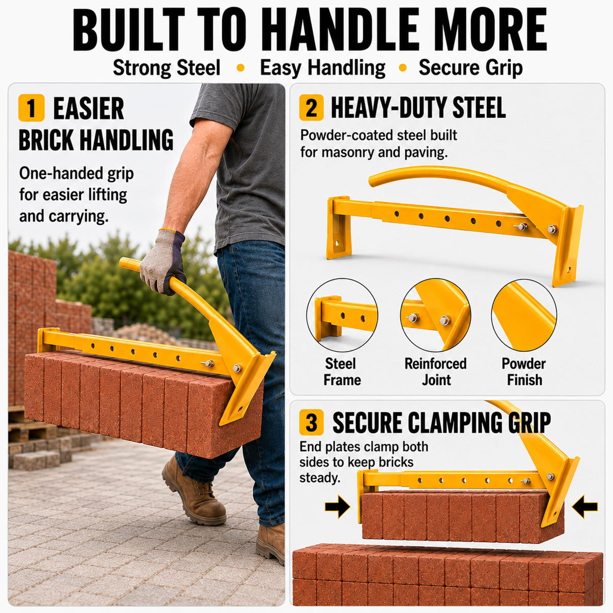 NUMAKY Heavy Duty Steel Brick Tongs, Adjustable Brick Carrier for 6-10 Bricks, Labor-Saving Brick Lifting Tool for Masonry Construction and Building Projects
