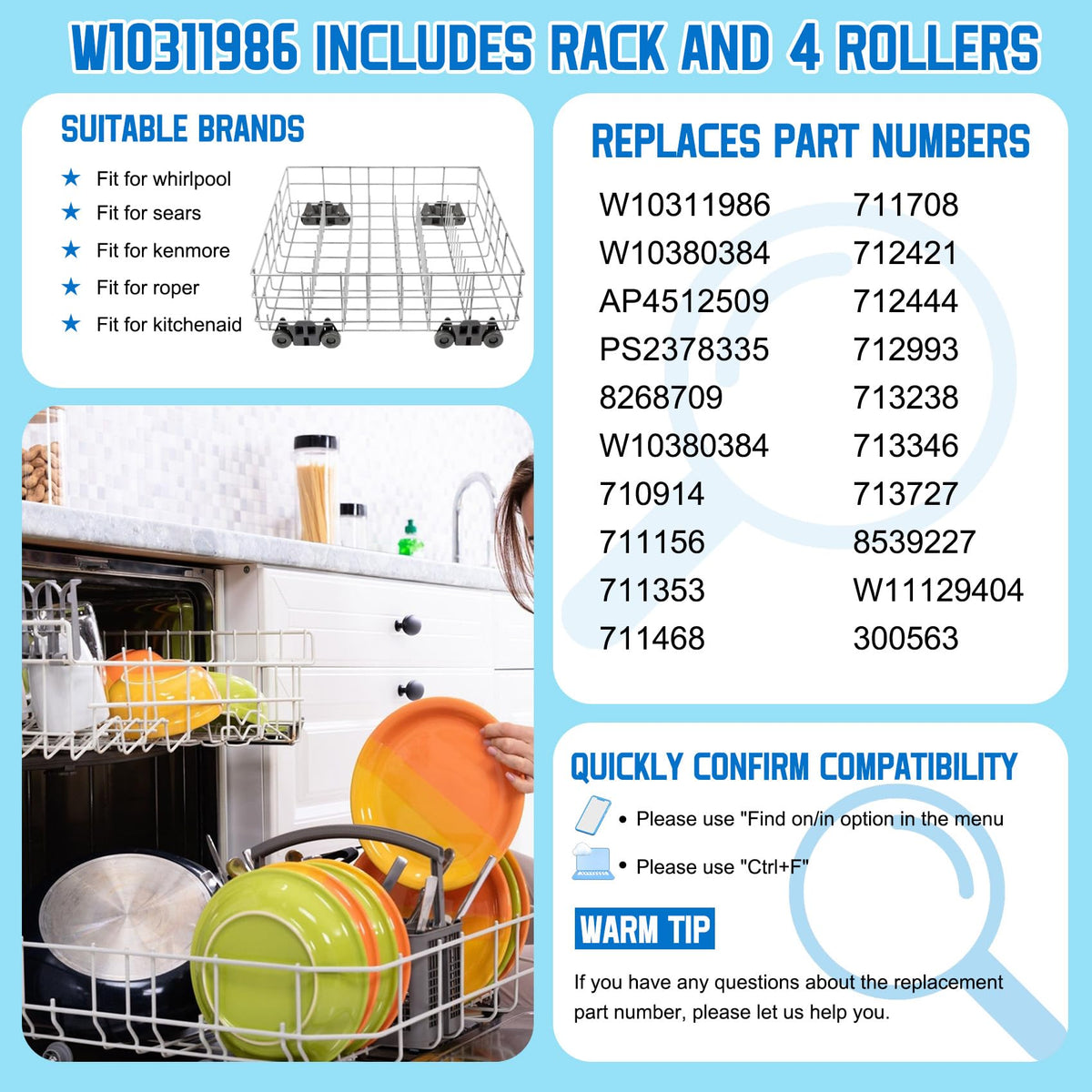 Upgraded W10311986 W10380384 Dishwasher Rack, W11158802 Dishwasher Lower Dishrack with 4 Lower level rack wheels, replacement for Whirlpool Dishwasher, 20.5" x 20.5" x 5.9" Material Upgrade