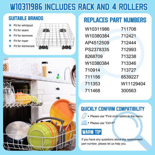 Upgraded W10311986 W10380384 Dishwasher Rack, W11158802 Dishwasher Lower Dishrack with 4 Lower level rack wheels, replacement for Whirlpool Dishwasher, 20.5" x 20.5" x 5.9" Material Upgrade