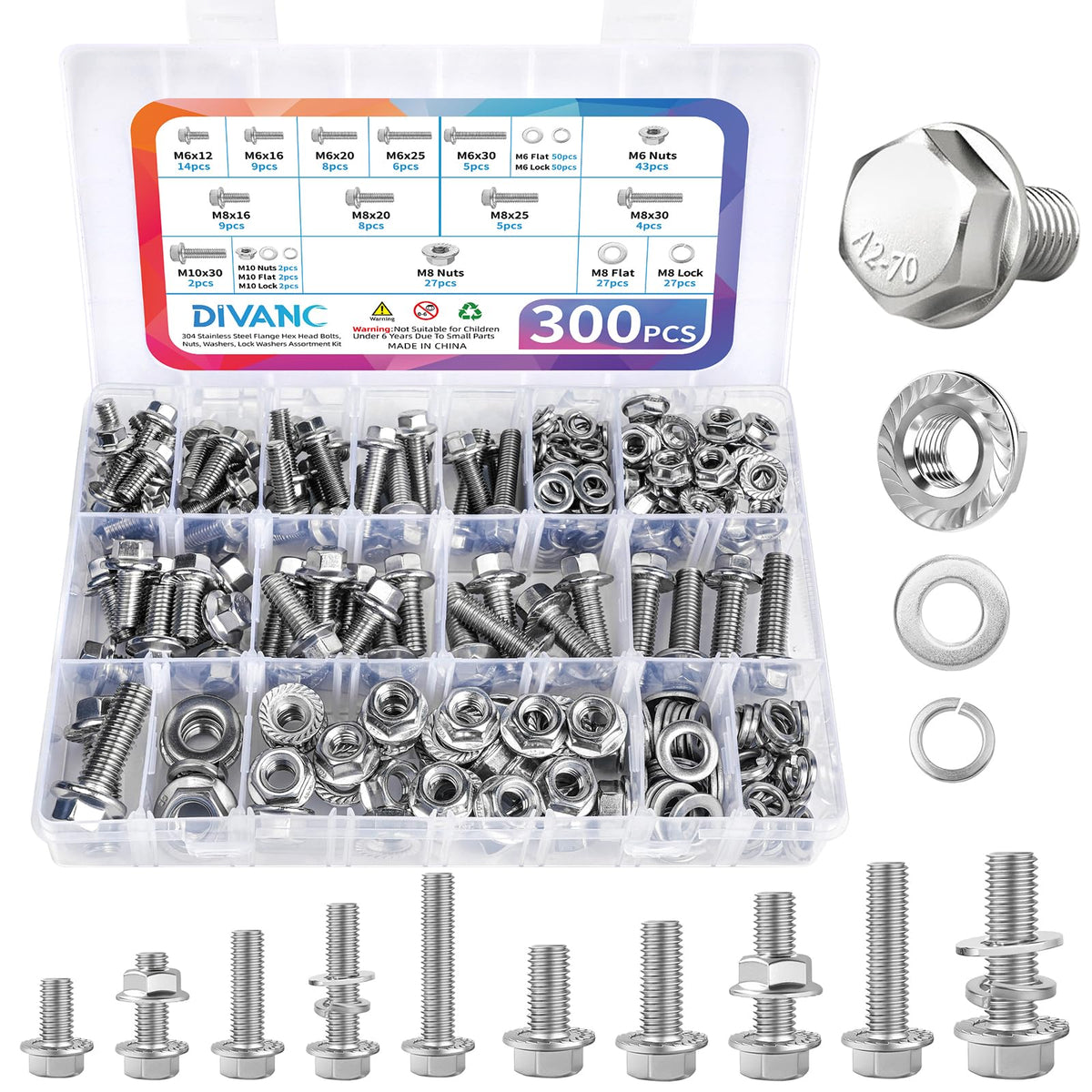 300Pcs Metric Flange Bolts Assortment, M6 M8 M10 Flange Hex Bolts and Nuts Washers Kit, 304 Stainless Steel Serrated Flange Nuts and Bolts, M6x1.0, M8x1.25, M10x1.5 (12mm to 30mm)(Silver)