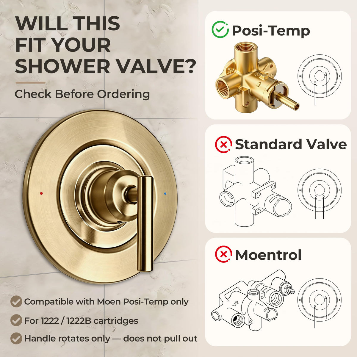 T2901BG Shower Valve Trim Kit Compatible with Moen, Gold