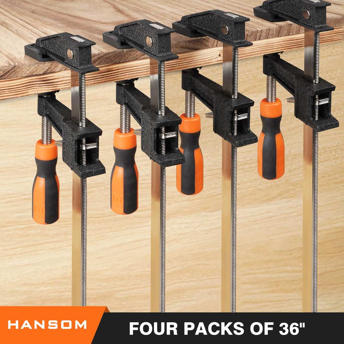 HANSOM 4-Pack 36 inch Bar Clamps,Long Wood Clamps Heavy Duty Force 600 Lbs Adjustable and Release Quickly,Woodworking Clamps Throat Depth 2.5 inch with Plastic Handle