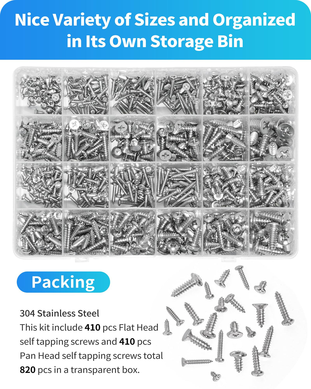 M3 M4 M5 M6 Wood Screws Assortment Set,304 Stainless Steel Assorted Self Tapping Screws Kit Truss Flat Pan Head Phillips Drive Drilling for Deck Drywall Concrete Sheet Metal (Flat & Pan Head 820PCS)