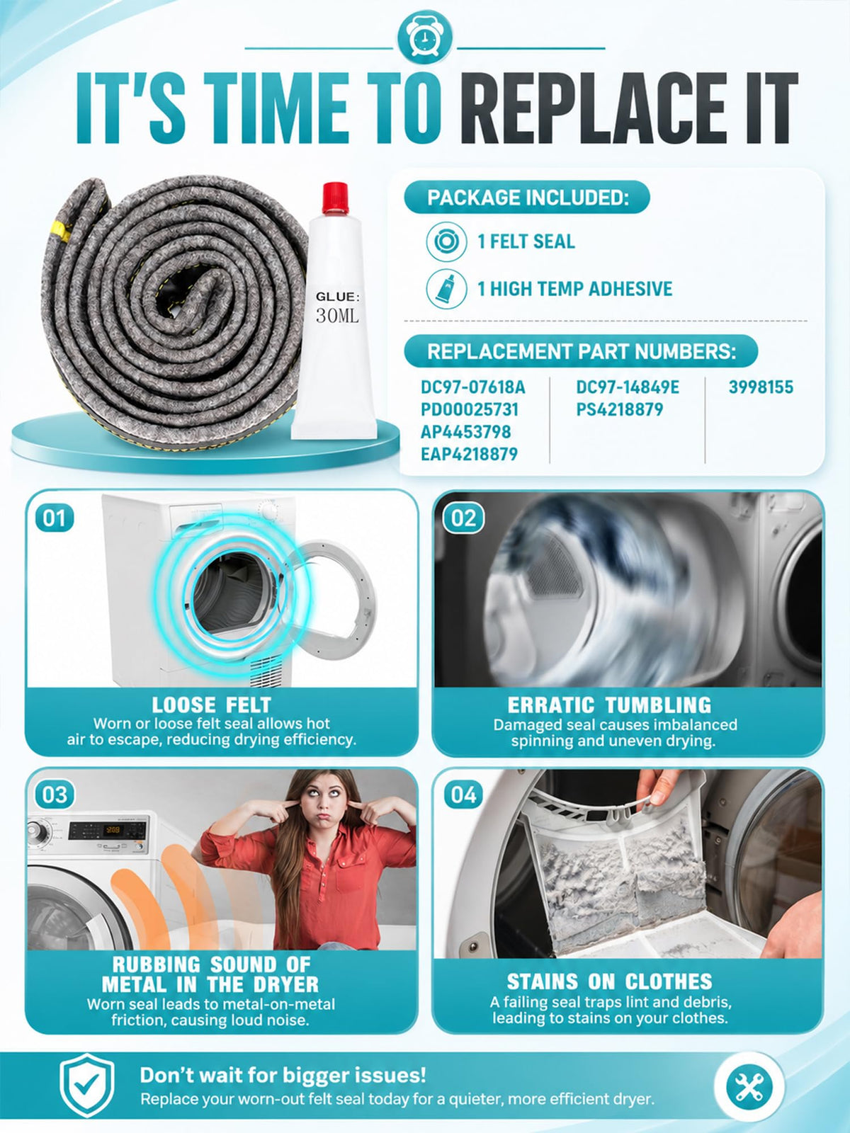 FOMIUZY Dryer Drum Felt Gasket Seal Repair Replacement Kit DC97-07618A Fit for Samsung DV42H5200EP/A3 DV50K8600EV/A3 DV52J8700GP/A2 DV50K7500EV/A3 DV45K7600EW/A3 DV48J7700EW/A2 DV45H6300EG/A3 & More