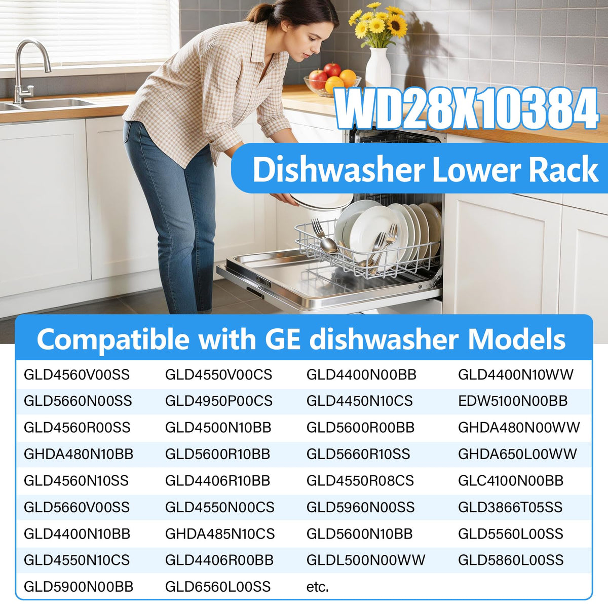 UPGRADED WD28X10384 Lower Rack Compatible with GE Dishwasher Rack Parts,WD28X10384 WD28X10165 WD28X10309 WD28X10166 GLD4560V00SS GLD4500N10BB GE Dishwasher Bottom Rack Replacement Parts with Wheels