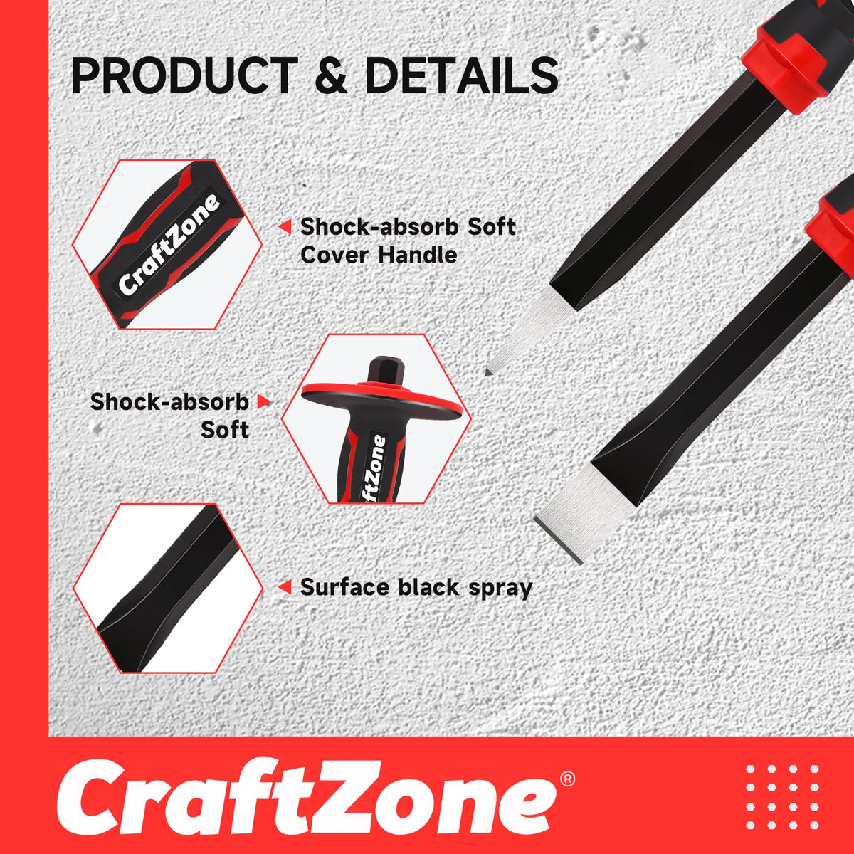 Masonry Chisel Set - 2-Piece Heavy Duty Pointed & Flat Rock Chisels, Concrete Stone Chisel with Hand Protection for Brick Breaking Carving Splitting Cutting Mason Tools