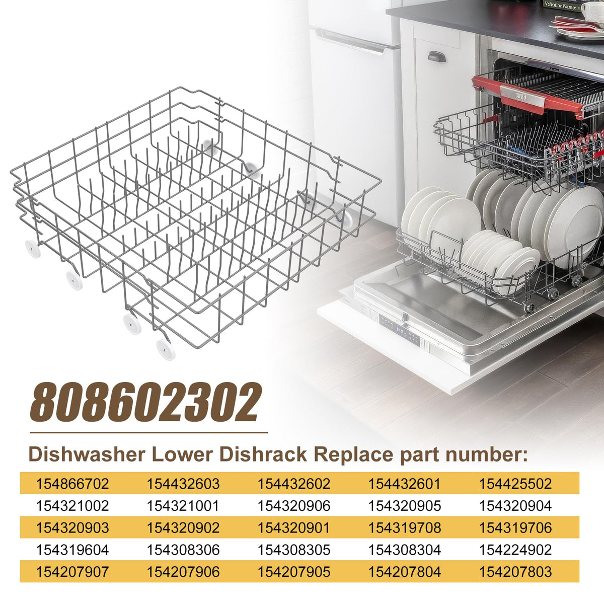 UPGRADED 808602302 5304535768 Dishwasher Lower Rack Replacement Compatible with Frigidaire,Kenmore Dishwasher Rack Parts with 154174501 Wheels Replace 154432602 154432601 154319706 Dishwasher Racks