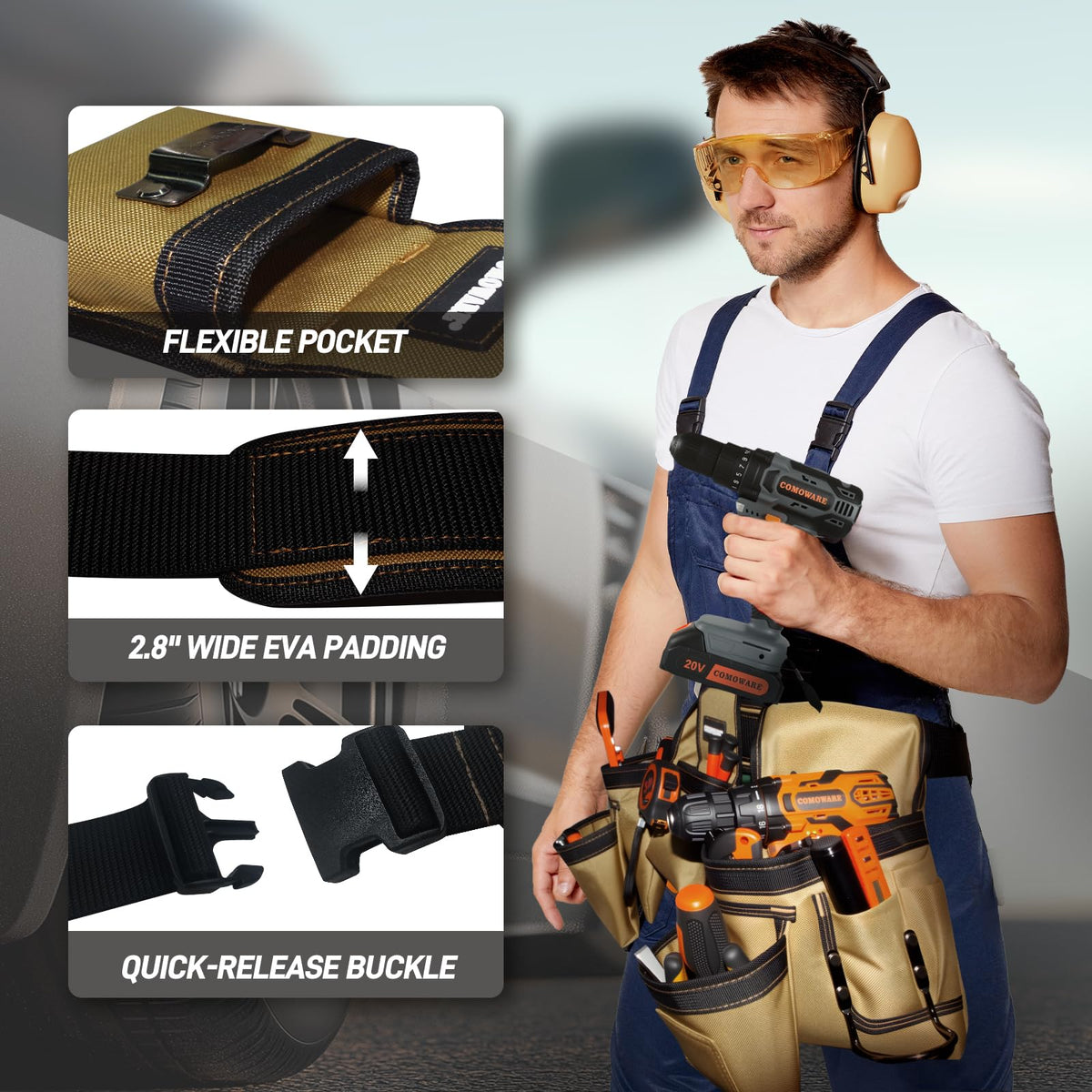 COMOWARE Tool Belt for Men 17-Pocket Heavy Duty Toolbelt w/Magnetic Holster