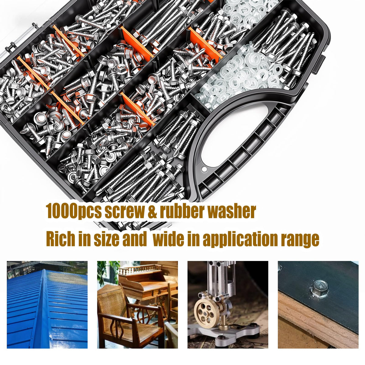 weideer 1000pcs Self Tapping Screws for Metal, #8#10#12#14,410 Stainless Steel Sheet Metal Screws Assortment Kit, Hex Washer Head Self Drilling Screw with Rubber Washer,Length 1/2" to 2''