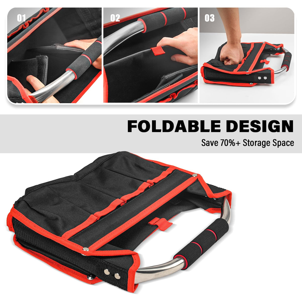 HAUTMEC 13 Inch Tool Bag, Foldable Open Top Tool Bag with Stiff Frame, Heavy-Duty Tool Tote with Padded Handle, Water-Resistant Base, Portable Tool Organizer for DIY & Jobsite Use – TB0001