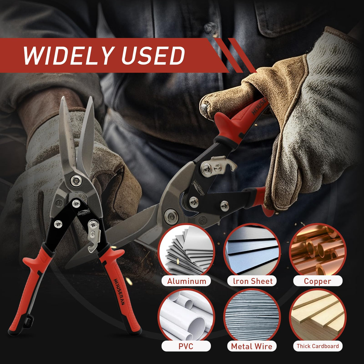 HOUSERAN 12 Inch Aviation Snips, Long Straight Cut Tin Snips, Heavy Duty CR-MO Metal Cutters with Double Lever, Scale Markings & Safety Lock, Shears Scissors for Cutting Metal Sheet