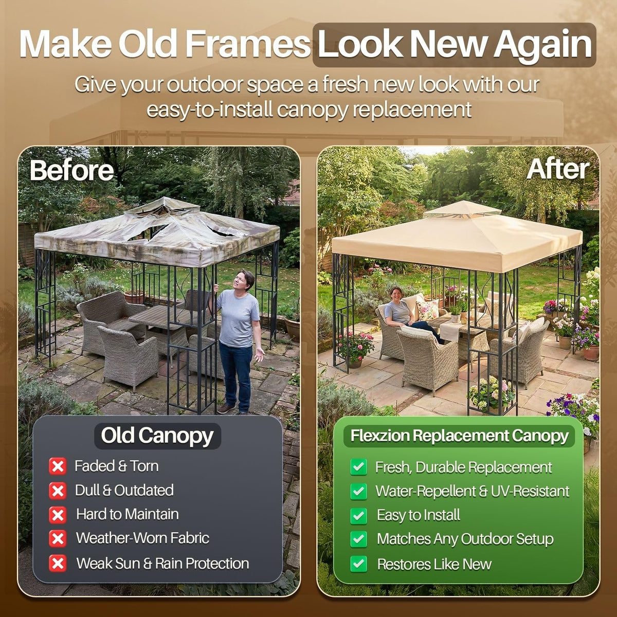 Flexzion Gazebo Cover Replacement Canopy Top 10x10 Ft (3m x 3m) - Double Tier Top Canopy Cover Replacement with UV30+, Dirt, Water Resistant for Outdoor, Sunshade, Garden, Patio, Pavilion (Beige)