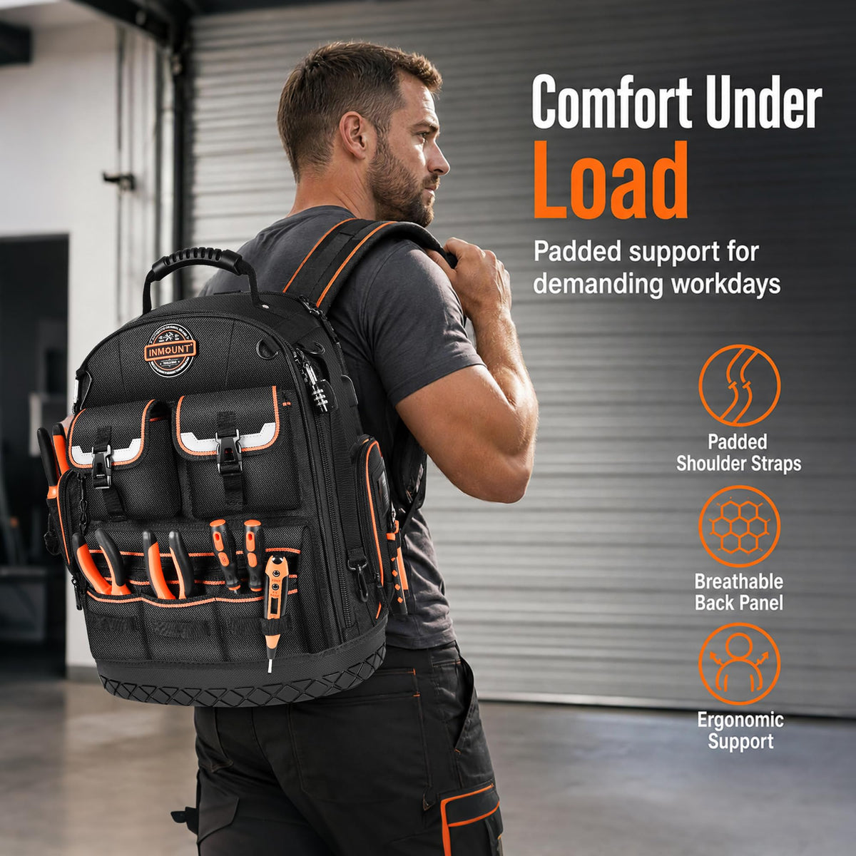 LOKASS Heavy Duty Tool Backpack, 18.5 in, 56 Pockets, Molded Bottom, Black