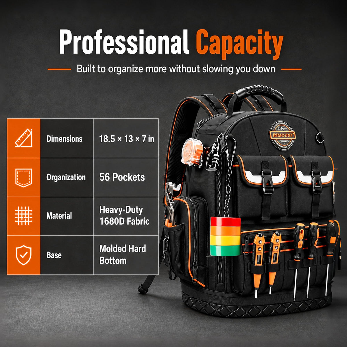 LOKASS Heavy Duty Tool Backpack, 18.5 in, 56 Pockets, Molded Bottom, Black