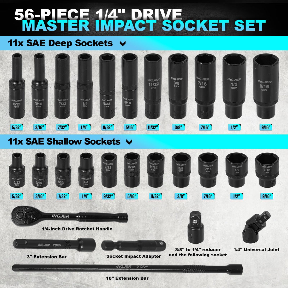 INGJER Socket Set 1/4, 56 Piece Impact Socket Set Metric and Standard Full
