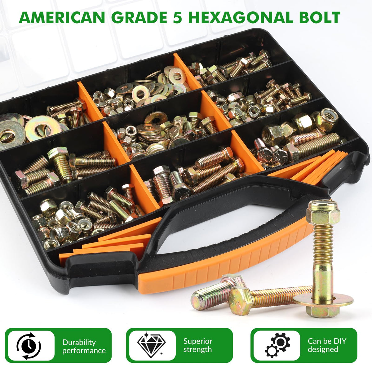 540pcs SAE Nylon Locknut Hex Bolt Flat Washer Assortment Kit