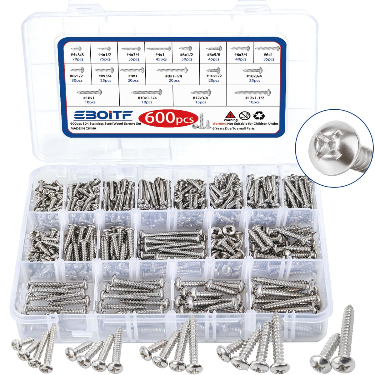 600 PCS 304 Stainless Steel Wood Screws Assortment Kit,Assorted Sheet Metal Screws #4/#6/#8/#10/#12 Phillips Pan Head Self-Tapping Screws Set,Assorted Wood Screws, Length 3/8" to 1-1/2" (Silver)