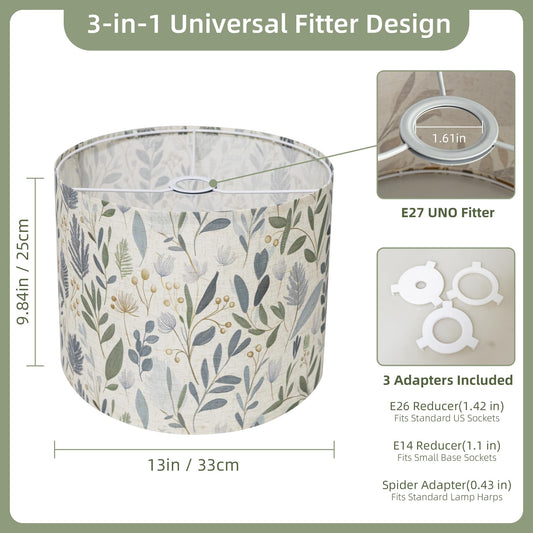 Drum Lamp Shade 13 x 13 x 10 inch, Sage Green Botanical Print Linen Lampshade Replacement for Table Lamps & Floor Lamps, E26 E27 Compatible Spider Fitter Lamp Shade for Bedroom Living Room