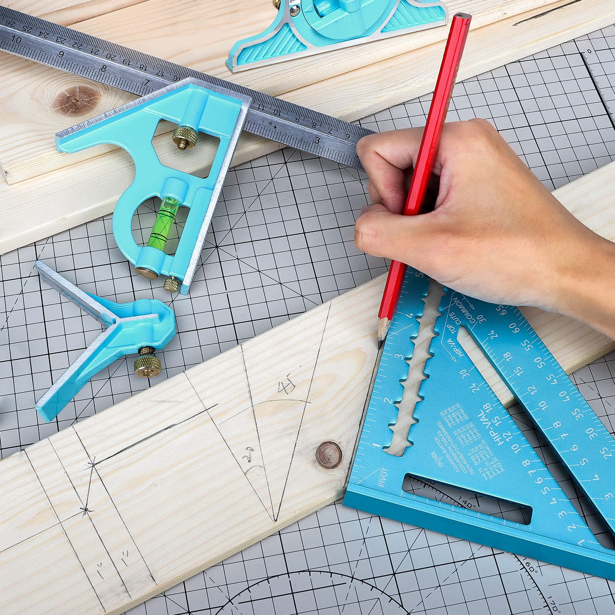 SHALL Rafter Square & Combination Square Tool Set, 7 Inch Aluminium-Alloy Carpenter Square & 16 Inch Zinc-Alloy Woodworking Framing Combo w/Stainless Steel Ruler, 2 Carpentry Pencils, Scriber