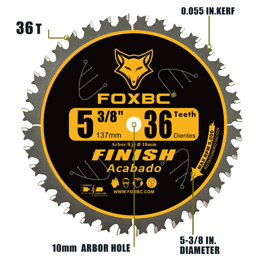 FOXBC 5-3/8 Inch Carbide Circular Saw Blade 36 Tooth Trim Finish Wood with 10mm Arbor