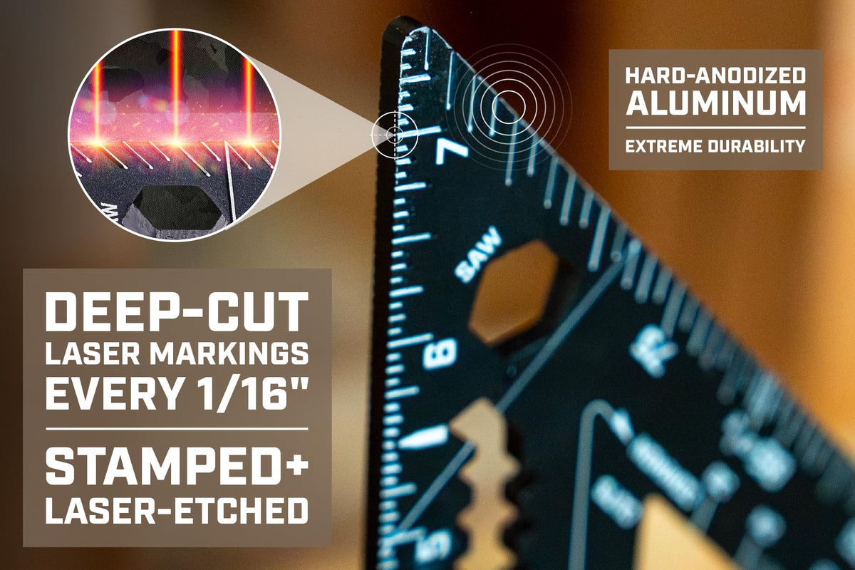 Spec Ops Elite Series Fury 7.5” Rafter Square with Level Vial, Laser Etched & Stamped Markings, Rapid-Layout Features, Wide Heel, Integrated Compass Holes, Digital Rafter Calculator & Guide