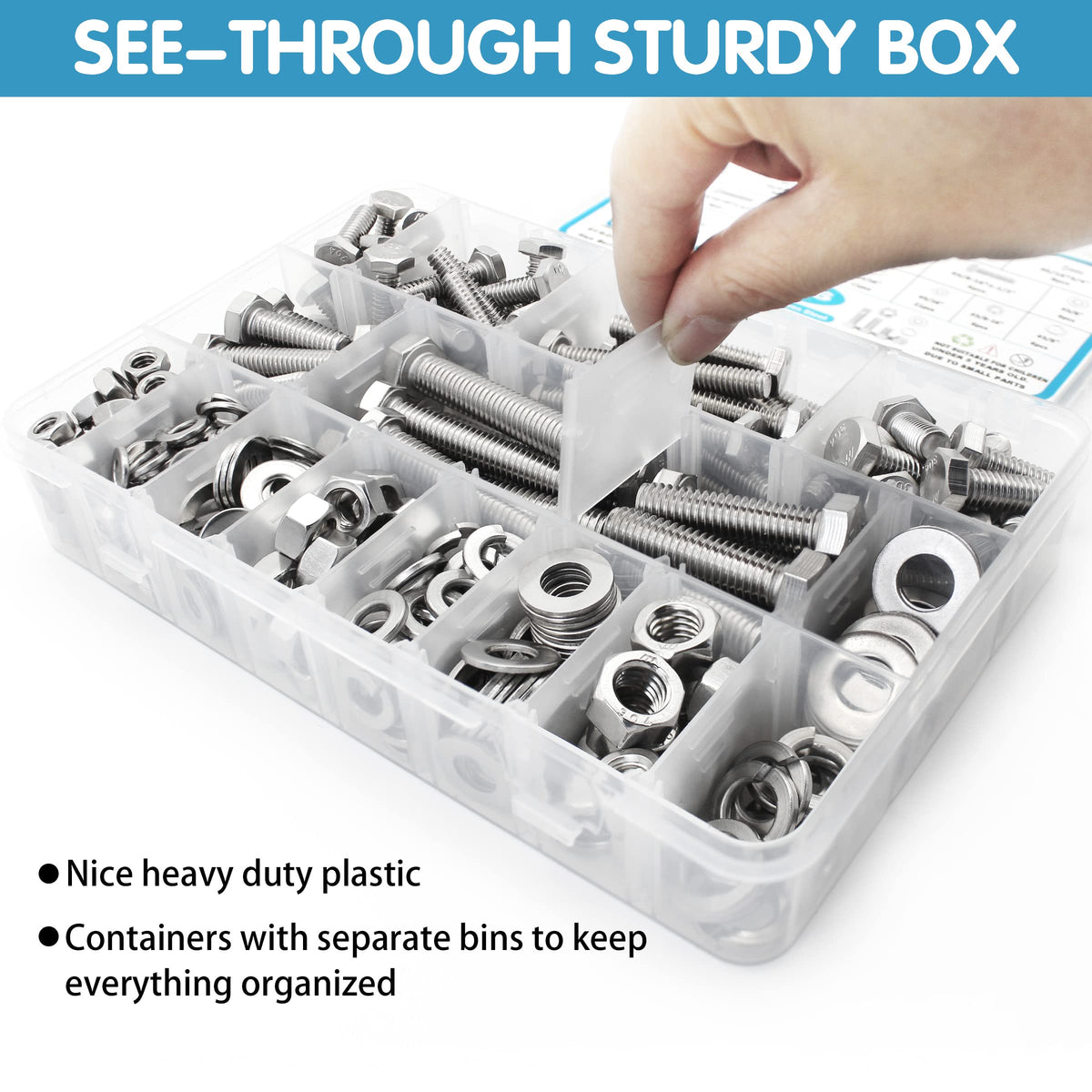 SATANTECH 246PCS Hex Head Bolts and Nuts Assortment Kit, Stainless Steel 1/4-20, 5/16-18, 3/8-16, Assorted Nuts and Bolts, Flat & Spring Lock Washers with Case