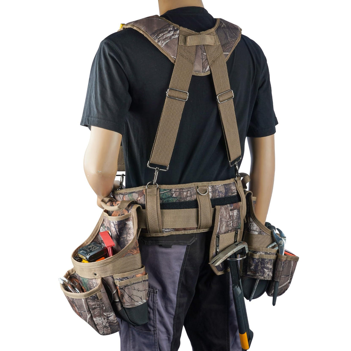 MELOTOUGH Camo Tool Belt with Suspenders Camouflage Tool Bag Supenders Framers Comb Apron Tool Belt Construction Tool Pouch Suspenders Heavy Duty Carpenter Suspension Rig for Electrician