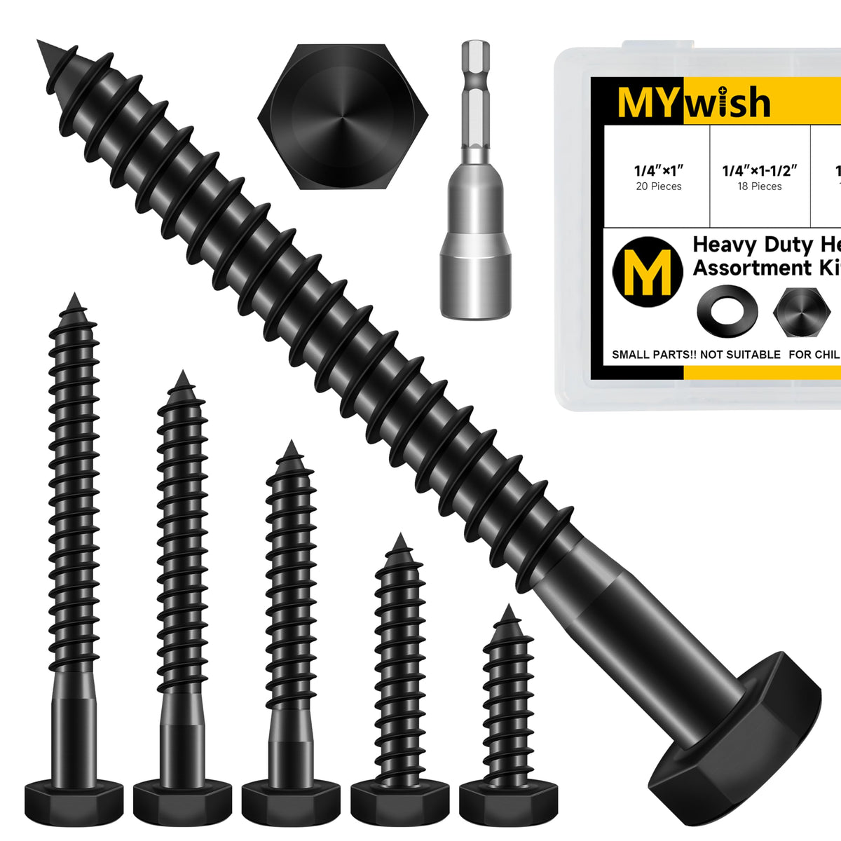 Mywish 128Pcs 1/4 Hex Head Lag Screws Assortment Kit, External Heavy Duty Lag Bolts with Flat Washers, 304 Stainless Steel Wood Screws 18-8, Black Oxided 1/4 Bolts for Outdoor