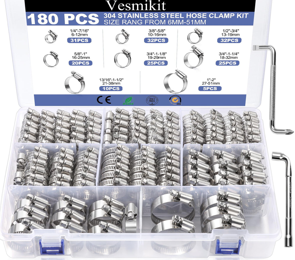 Hose Clamp Assortment- Vesmikit 180 PCS Stainless Steel Hose Clamps Kit